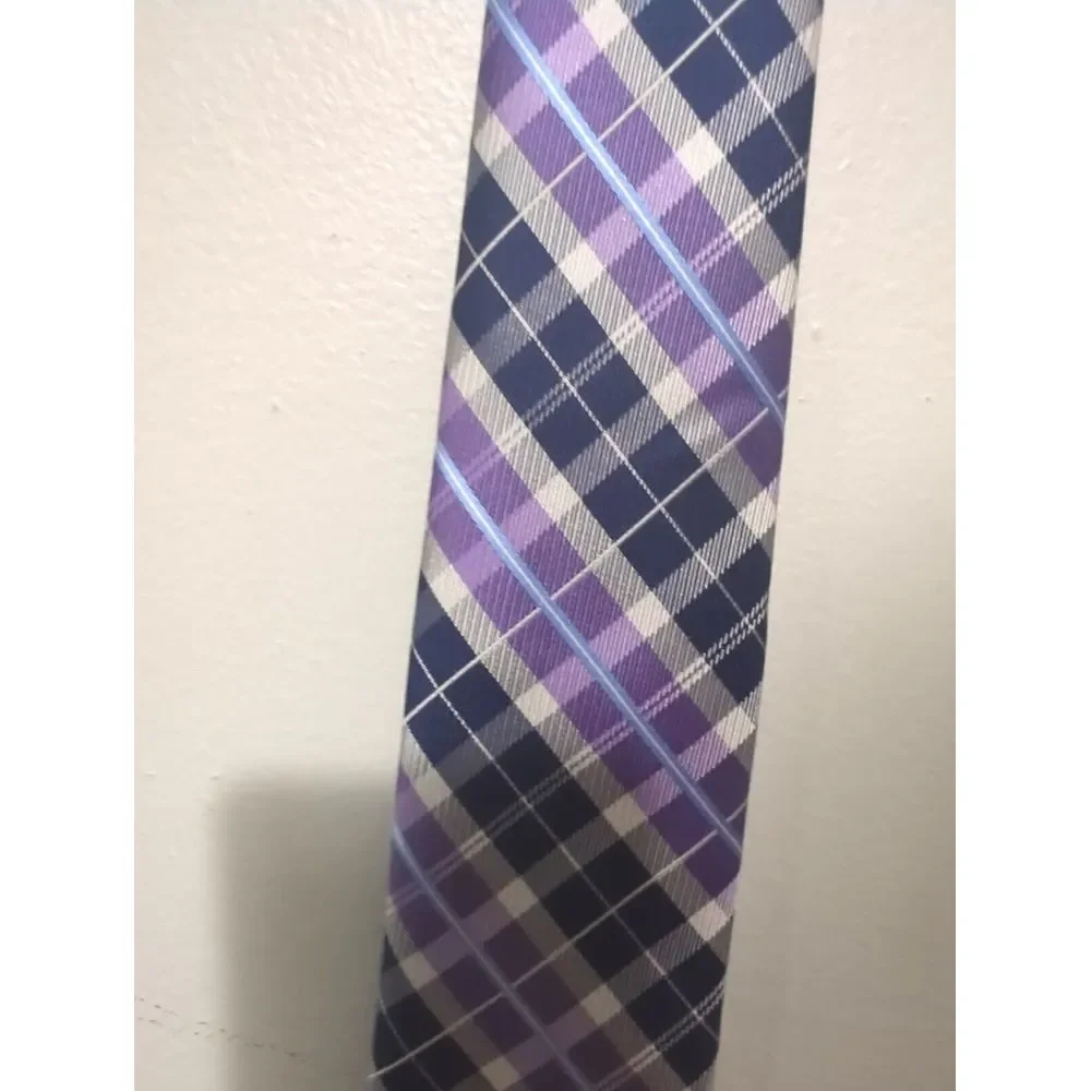 Nautica Mens Plaid Necktie Purple Navy Blue‎ White Check Polyester Tie